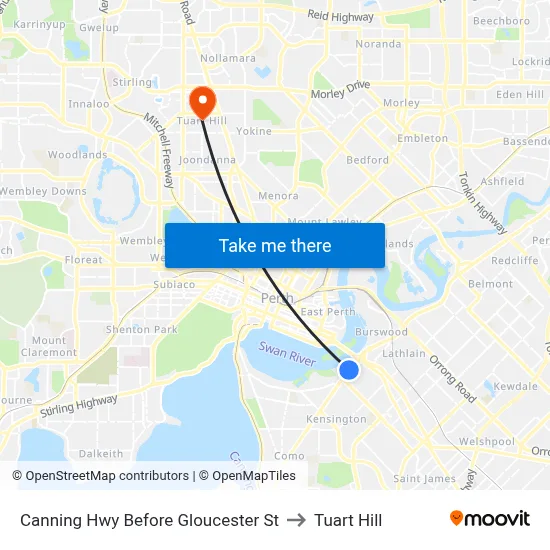 Canning Hwy Before Gloucester St to Tuart Hill map