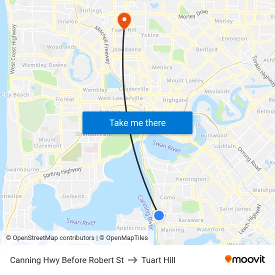 Canning Hwy Before Robert St to Tuart Hill map