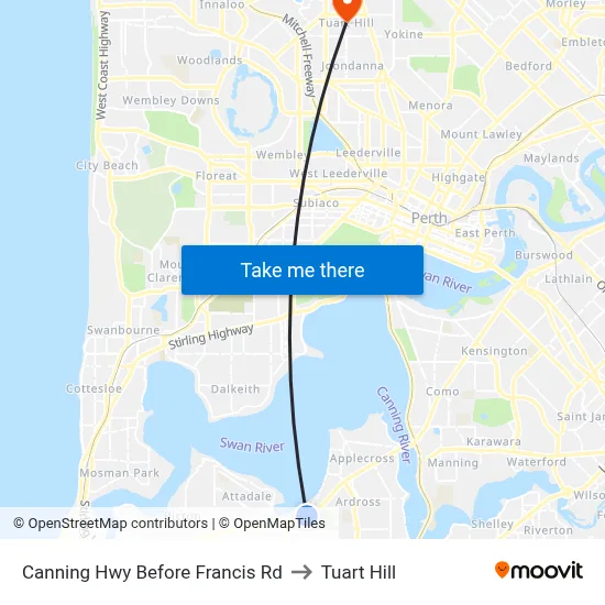 Canning Hwy Before Francis Rd to Tuart Hill map