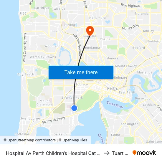 Hospital Av Perth Children's Hospital Cat Id 132 to Tuart Hill map