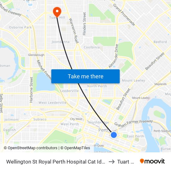 Wellington St Royal Perth Hospital Cat Id 69 to Tuart Hill map