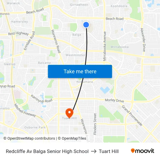 Redcliffe Av Balga Senior High School to Tuart Hill map