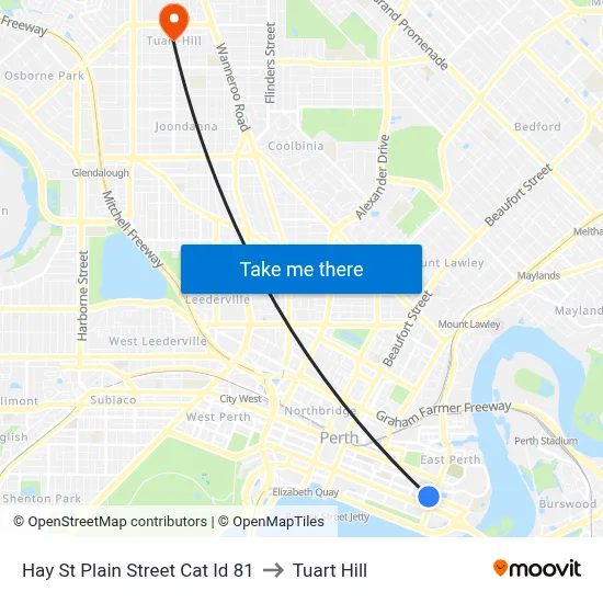 Hay St Plain Street Cat Id 81 to Tuart Hill map