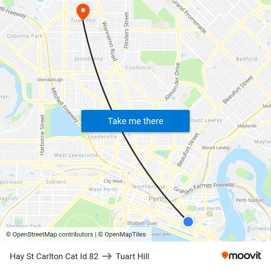 Hay St Carlton Cat Id 82 to Tuart Hill map