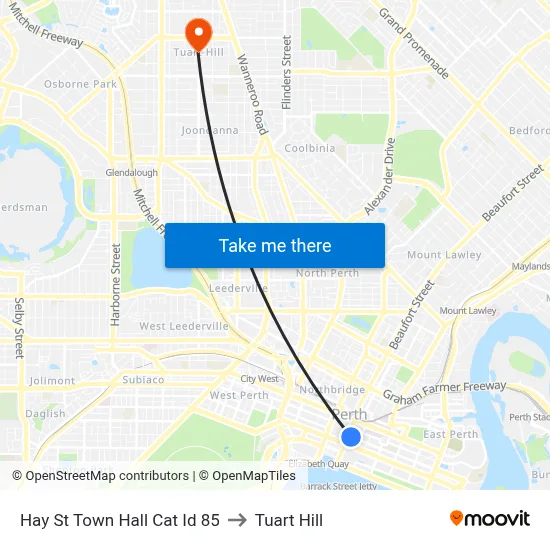 Hay St Town Hall Cat Id 85 to Tuart Hill map