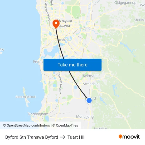 Byford Stn Transwa Byford to Tuart Hill map