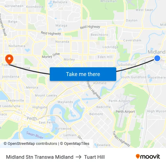 Midland Stn Transwa Midland to Tuart Hill map