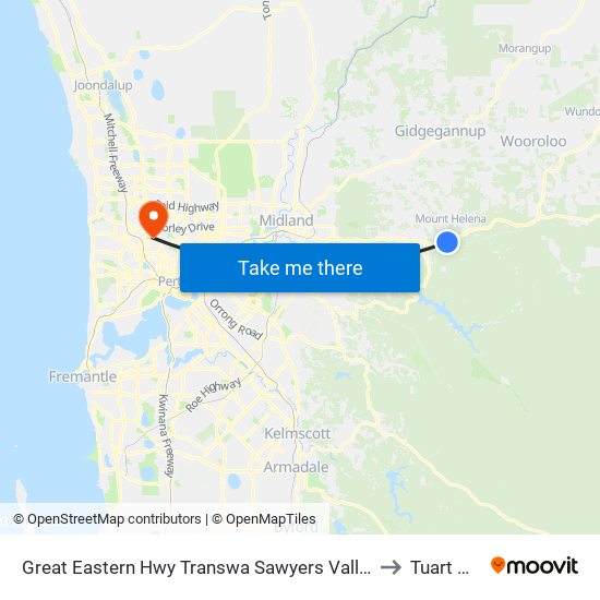 Great Eastern Hwy Transwa Sawyers Valley to Tuart Hill map