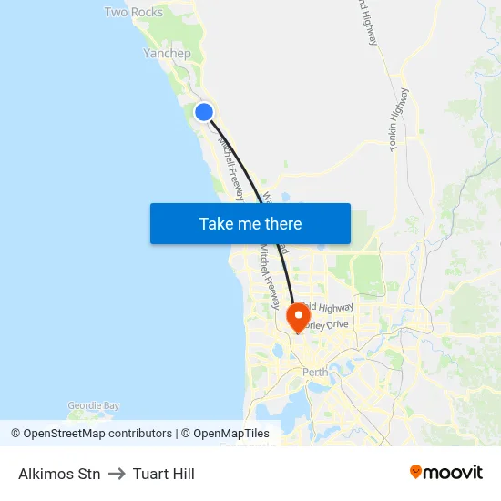 Alkimos Stn to Tuart Hill map