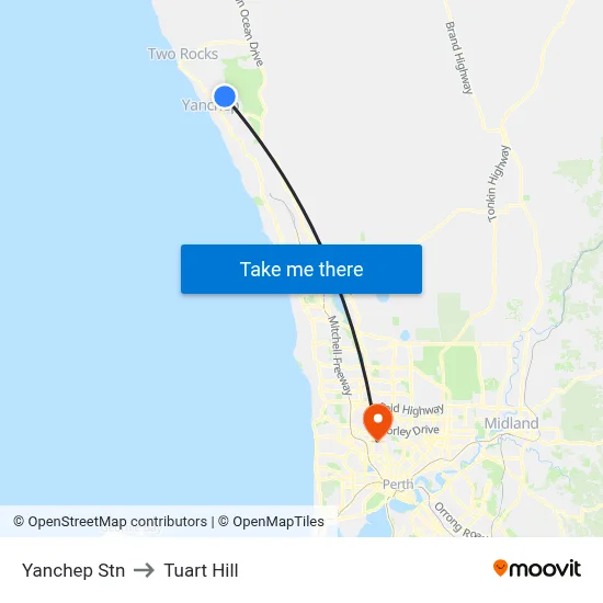 Yanchep Stn to Tuart Hill map