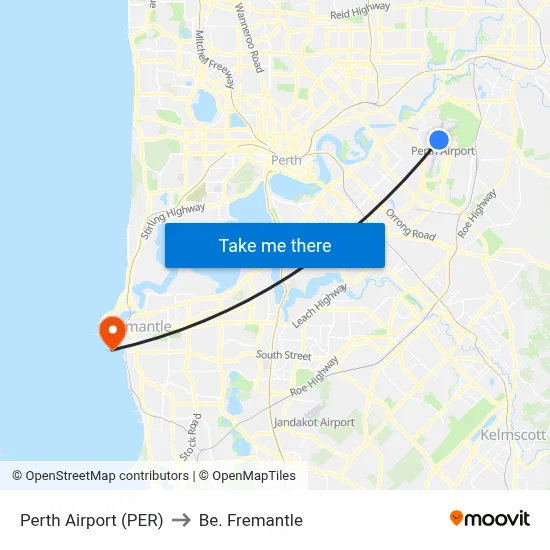 Perth Airport (PER) to Be. Fremantle map