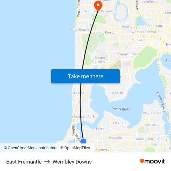 East Fremantle to Wembley Downs map