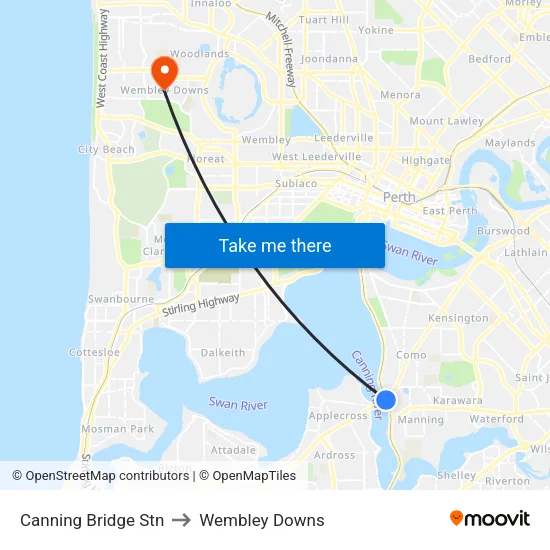 Canning Bridge Stn to Wembley Downs map
