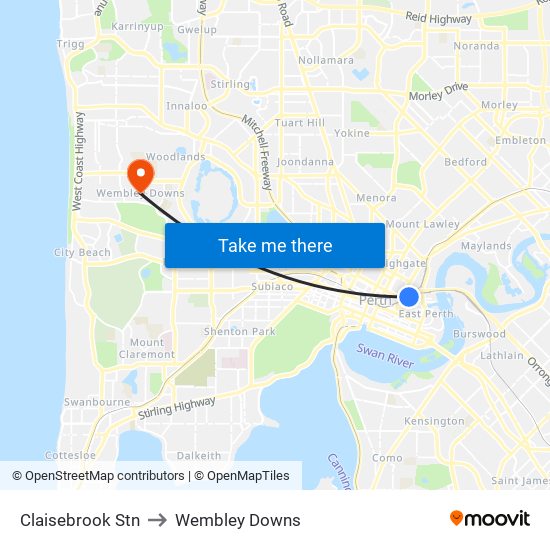 Claisebrook Stn to Wembley Downs map