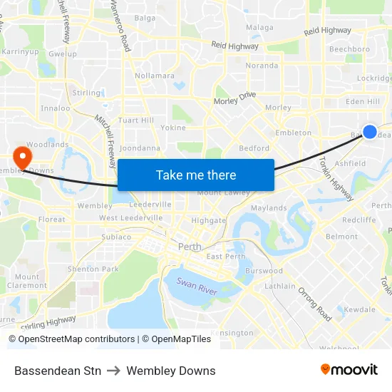 Bassendean Stn to Wembley Downs map