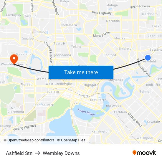 Ashfield Stn to Wembley Downs map