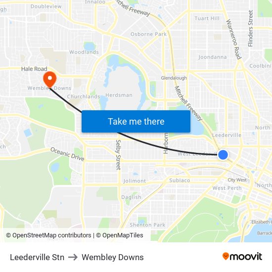 Leederville Stn to Wembley Downs map