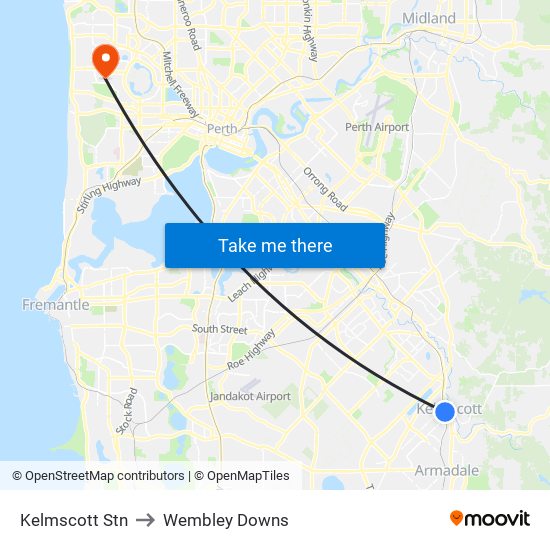 Kelmscott Stn to Wembley Downs map