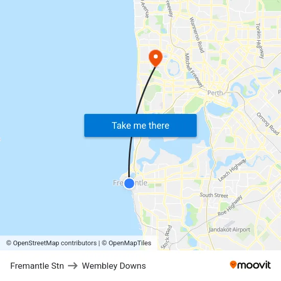 Fremantle Stn to Wembley Downs map