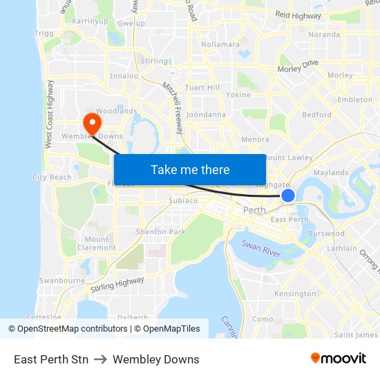 East Perth Stn to Wembley Downs map