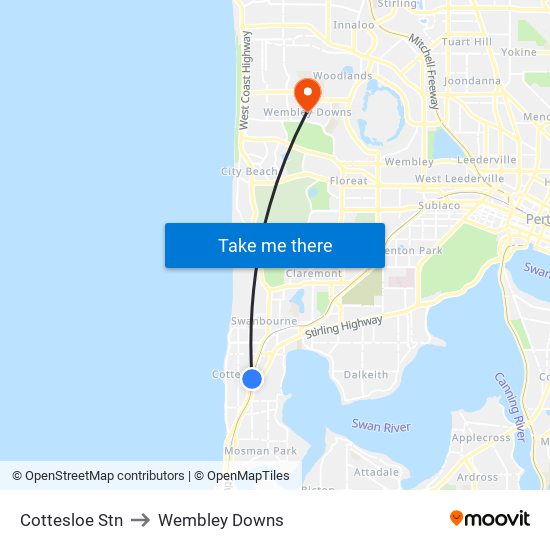 Cottesloe Stn to Wembley Downs map