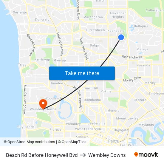 Beach Rd Before Honeywell Bvd to Wembley Downs map