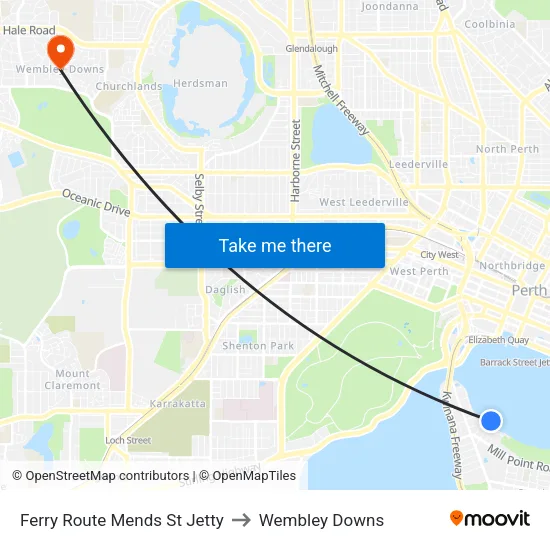 Ferry Route Mends St Jetty to Wembley Downs map