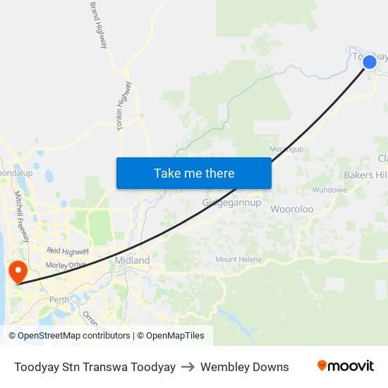 Toodyay Stn Transwa Toodyay to Wembley Downs map