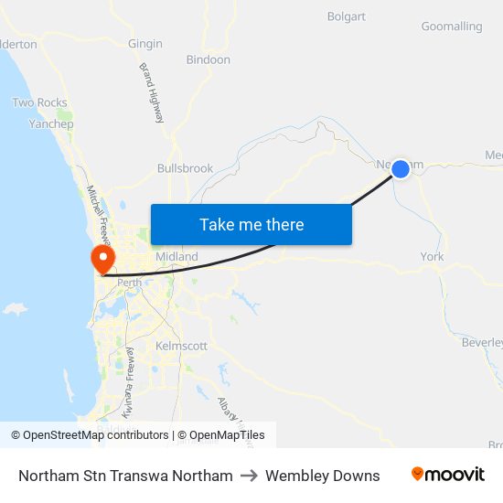 Northam Stn Transwa Northam to Wembley Downs map