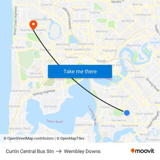 Curtin Central Bus Stn to Wembley Downs map