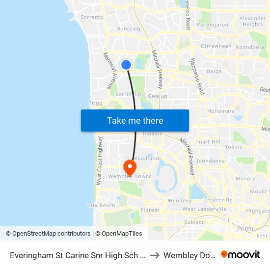 Everingham St Carine Snr High Sch Stand 4 to Wembley Downs map