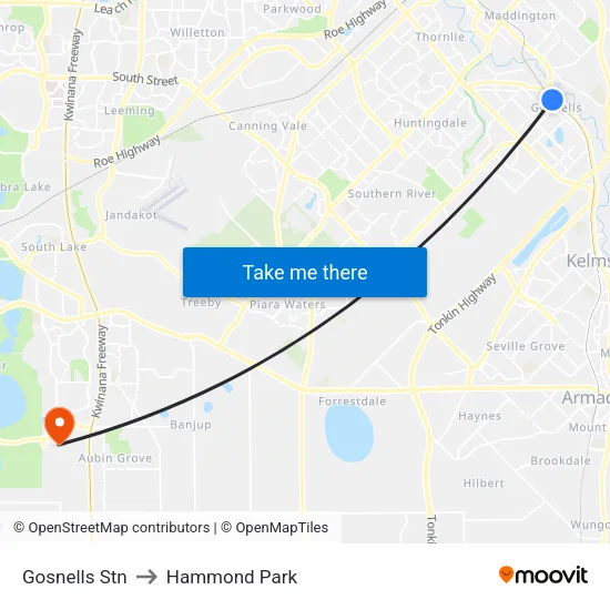 Gosnells Stn to Hammond Park map