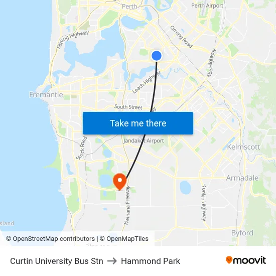 Curtin University Bus Stn to Hammond Park map
