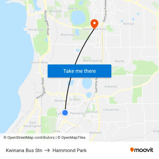 Kwinana Bus Stn to Hammond Park map