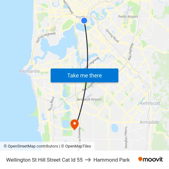 Wellington St Hill Street Cat Id 55 to Hammond Park map