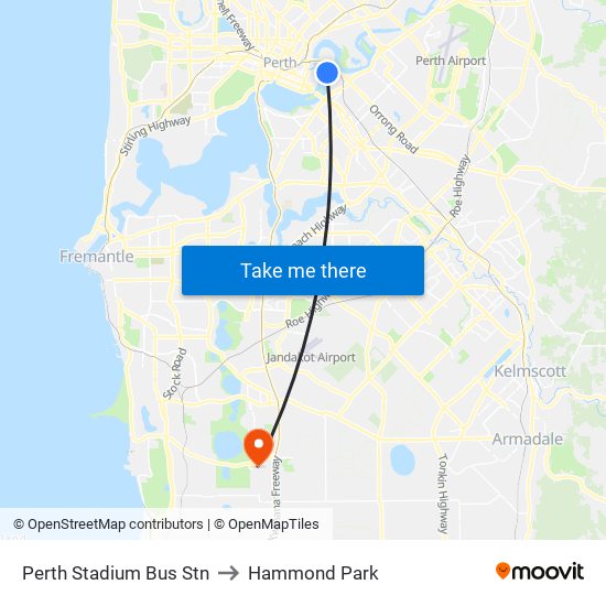 Perth Stadium Bus Stn to Hammond Park map