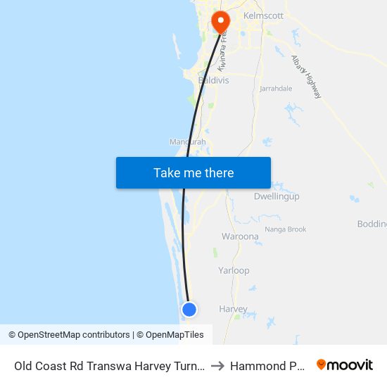 Old Coast Rd Transwa Harvey Turnoff to Hammond Park map