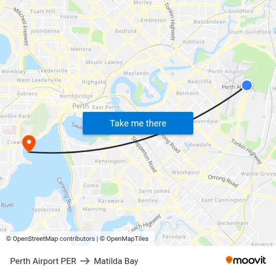 Perth Airport PER to Matilda Bay map