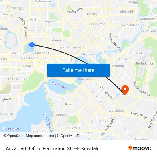 Anzac Rd Before Federation St to Kewdale map