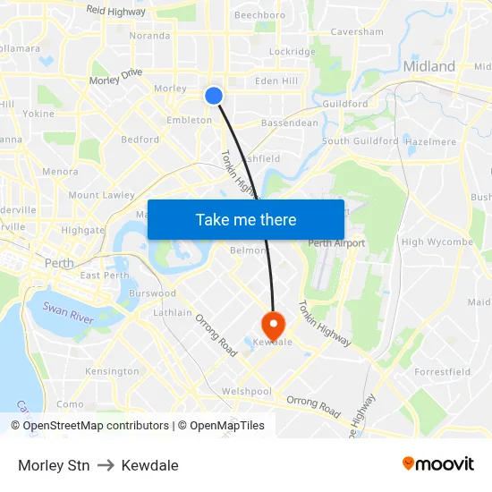 Morley Stn to Kewdale map