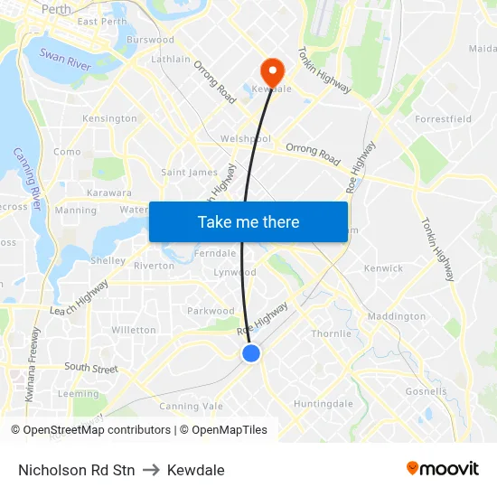 Nicholson Rd Stn to Kewdale map