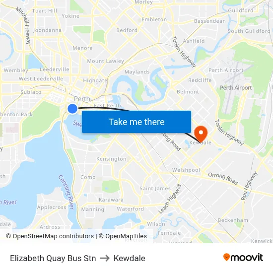 Elizabeth Quay Bus Stn to Kewdale map