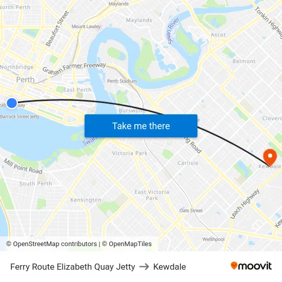 Ferry Route Elizabeth Quay Jetty to Kewdale map