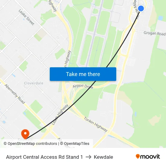 Airport Central Access Rd Stand 1 to Kewdale map