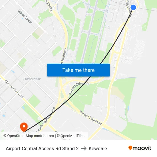 Airport Central Access Rd Stand 2 to Kewdale map