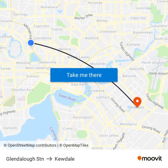 Glendalough Stn to Kewdale map