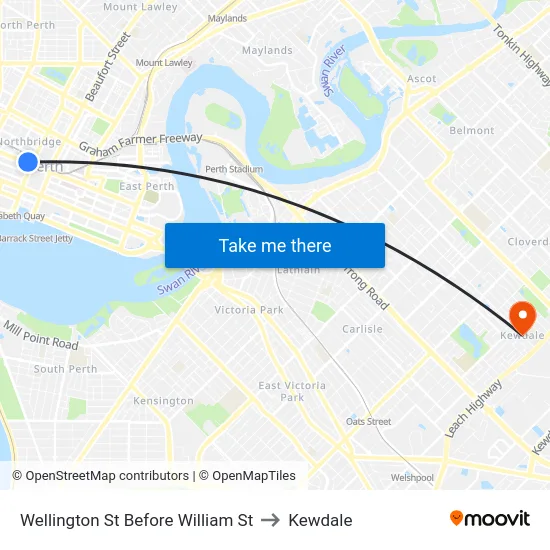 Wellington St Before William St to Kewdale map