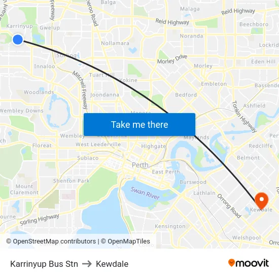 Karrinyup Bus Stn to Kewdale map