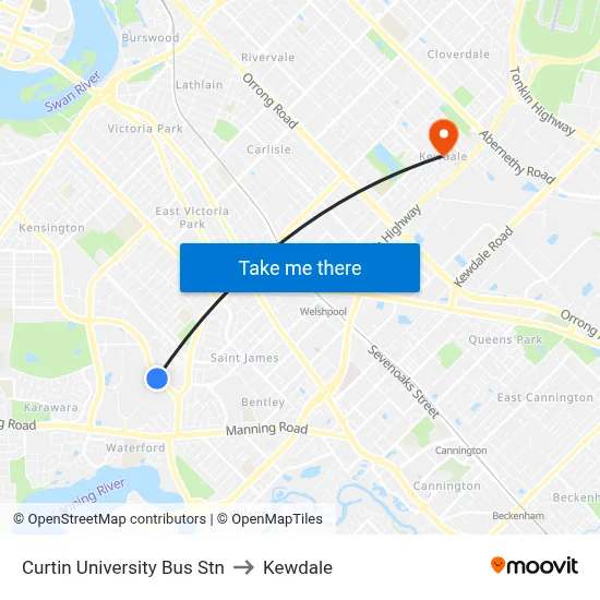 Curtin University Bus Stn to Kewdale map