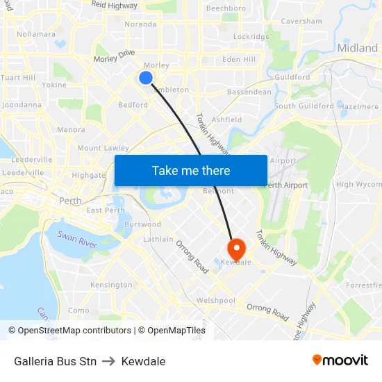 Galleria Bus Stn to Kewdale map